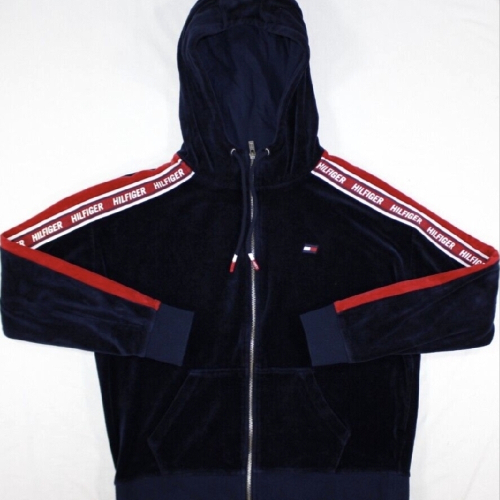 Tommy Hilfiger Velour Navy Blue Hooded Jacket Siz… - image 1